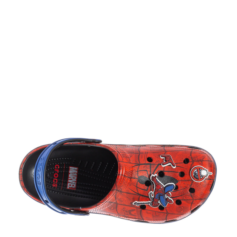Men's Spider-Man clog top view, red pattern with blue edging and cartoon icons