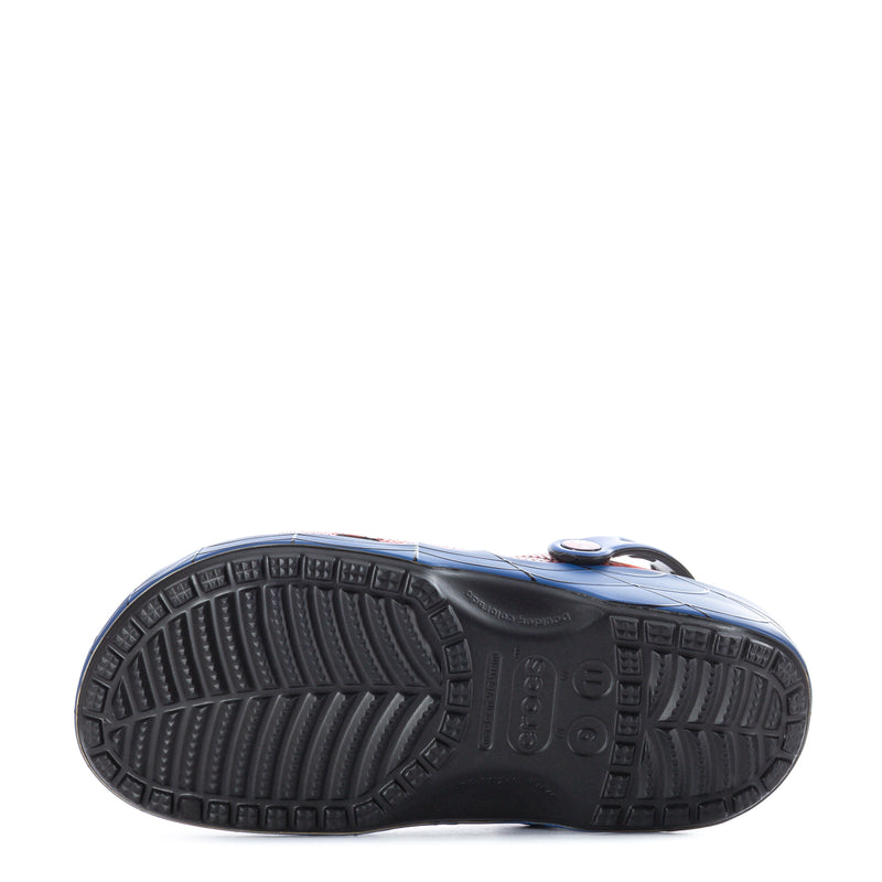 Men's clog outsole view, dark rubber tread under red and blue Spider-Man upper