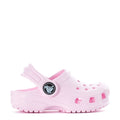 Pink toddler clog with adjustable strap and ventilation holes, textured sole