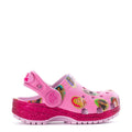 Toddler pink clog with Disney Princess print and adjustable heel strap, glitter sole