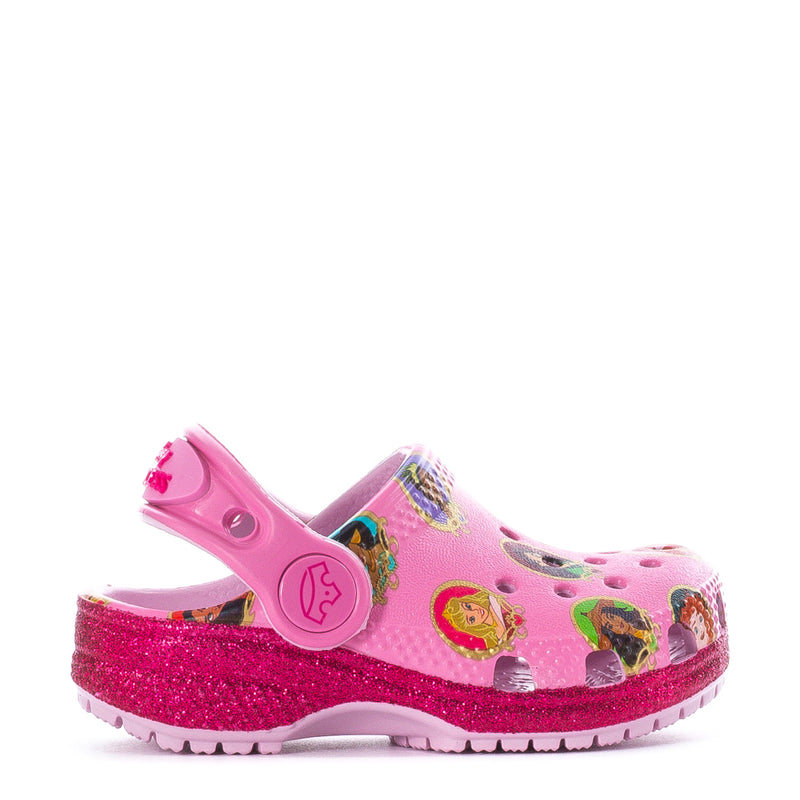 Toddler pink clog with Disney Princess print and adjustable heel strap, glitter sole