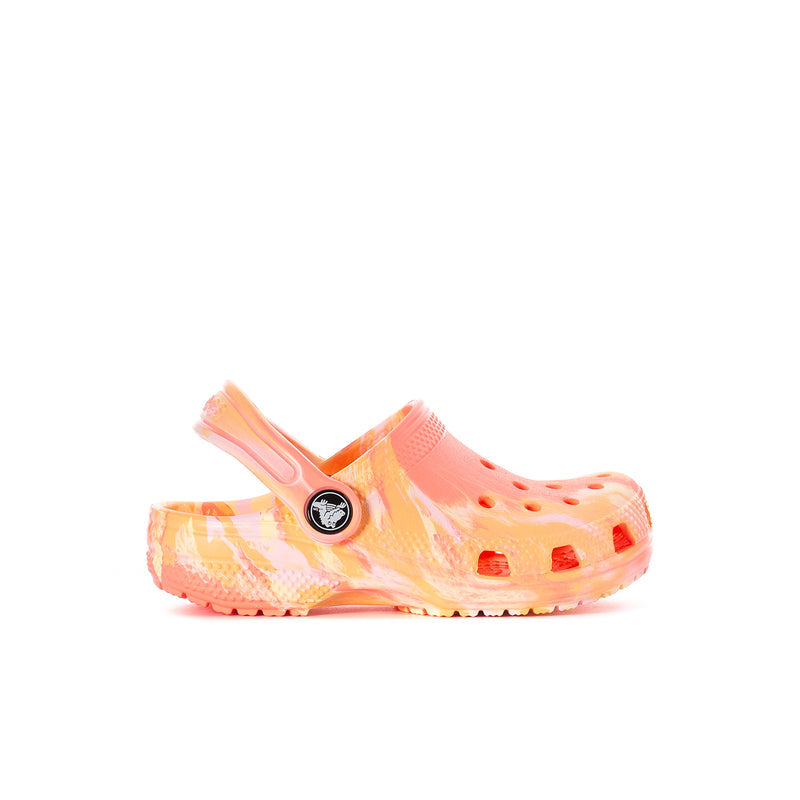 Toddler classic clog in peach multi pattern with round logo and ventilation holes