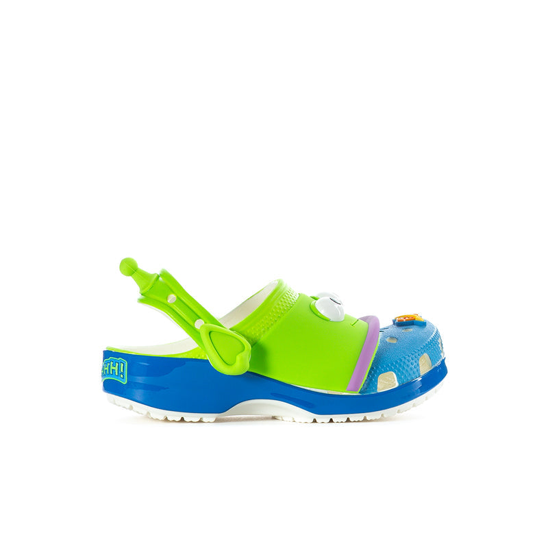 Toddler green and blue clog side view with purple accent panel and back strap