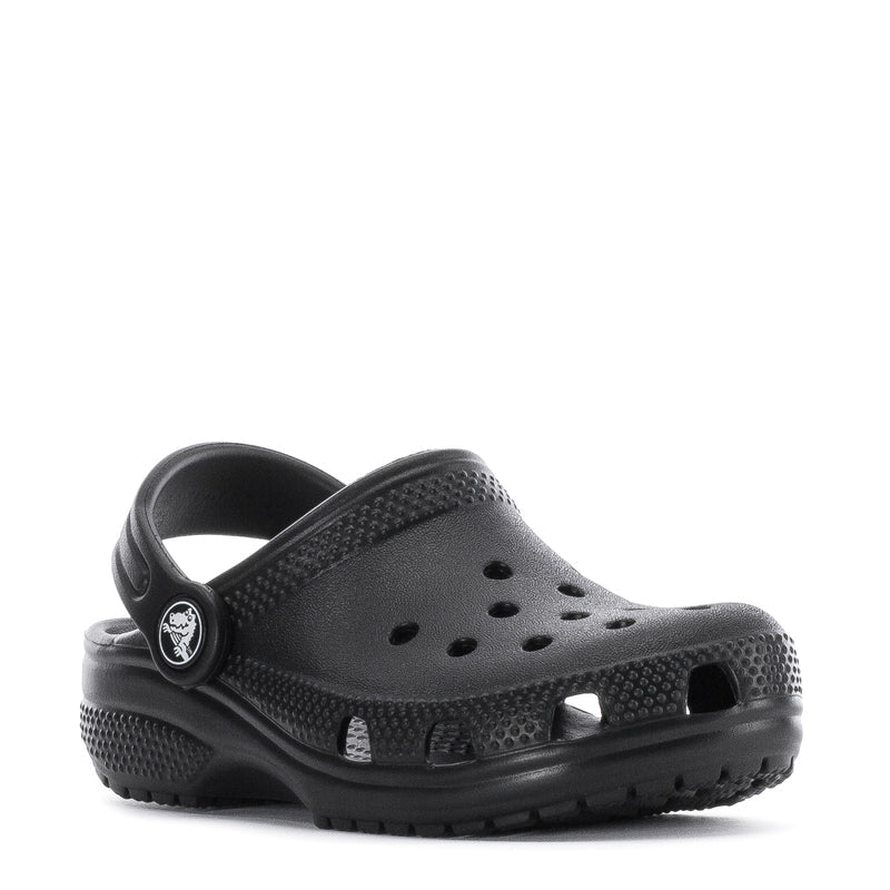 Black toddler clog with side vent holes and adjustable back strap
