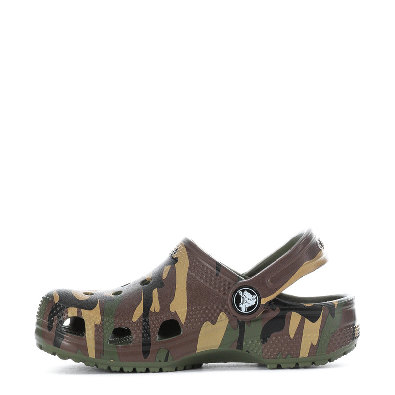 Toddler camo slip-on clog with heel strap and vented perforations on the upper