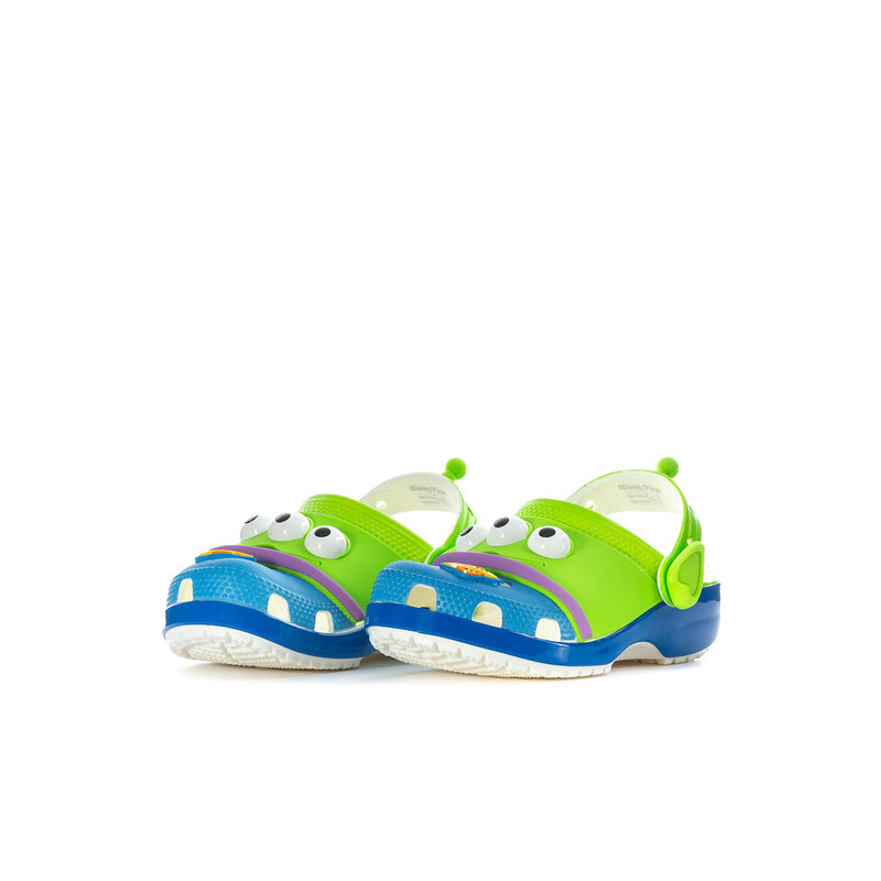 Pair of toddler green and blue clogs with alien face graphic and back strap