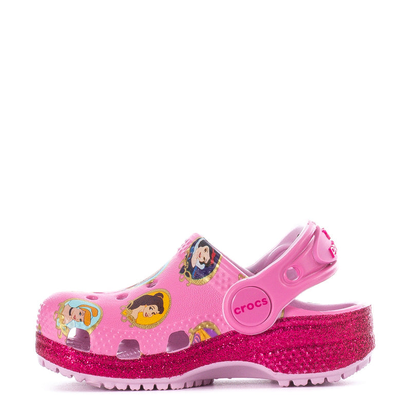 Toddler pink clog with Disney Princess graphics on upper and Crocs logo on strap
