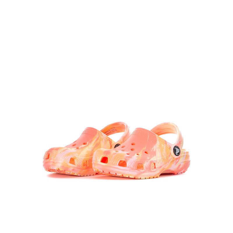 Toddler classic clog, side view, peach and orange multi print with strap and holes