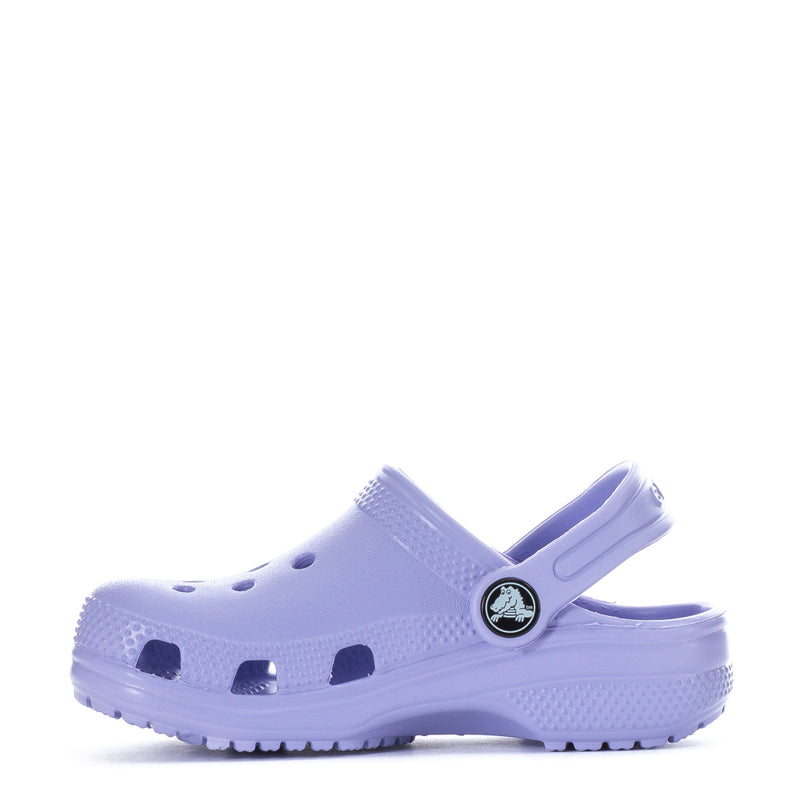 Toddler light purple clog with side cutouts, perforations, and back strap