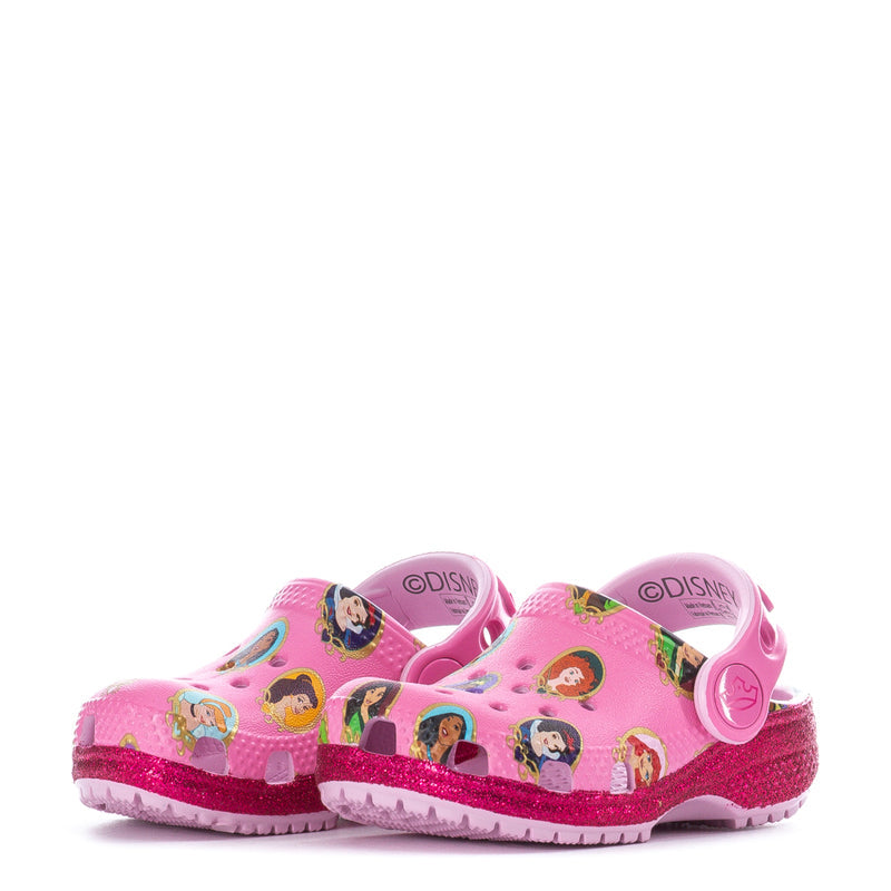 Toddler pink closed-toe clogs with Disney Princess print and adjustable heel strap