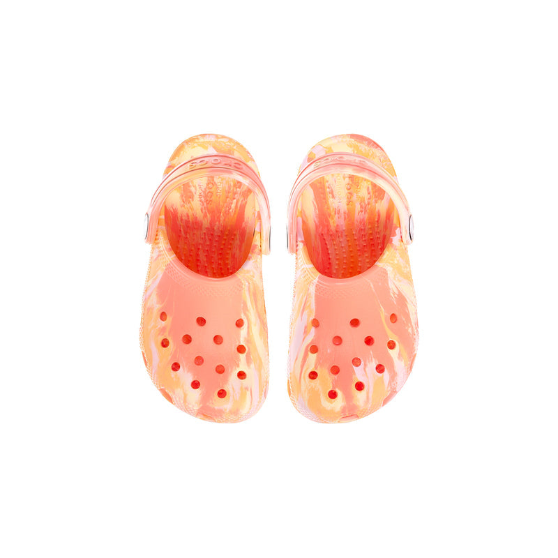 Toddler classic clog, top view, peach multi upper with round ventilation holes