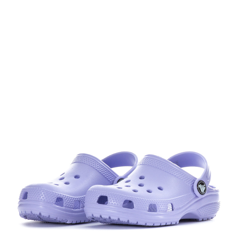 Toddler light purple clogs with perforated toe and side holes, two shoes shown