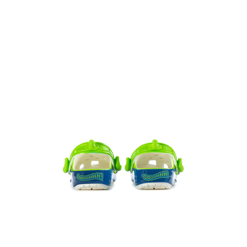 Toddler green and blue clogs, rear view with adjustable back strap
