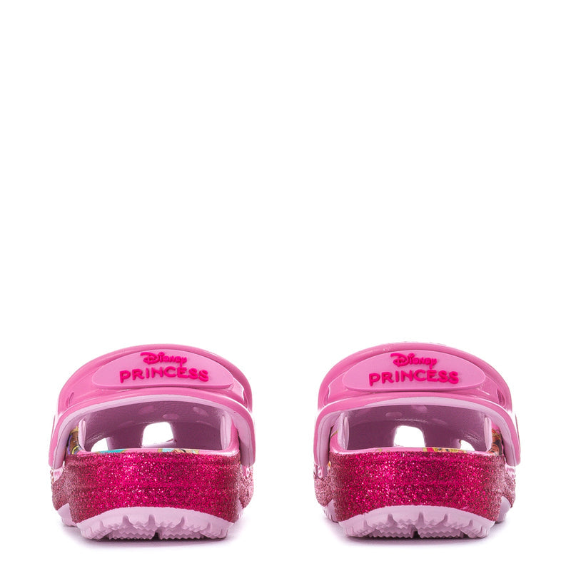 Toddler pink clogs showing Disney Princess heel badge and glitter heel panel