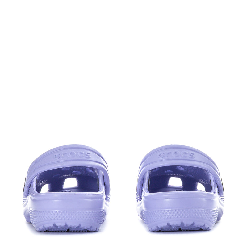Toddler light purple clogs from the back with cushioned heel and Crocs logo