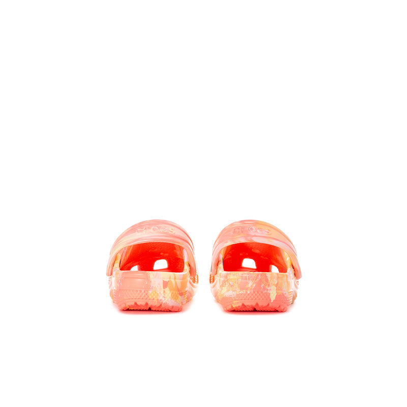 Toddler classic clog, heel-to-toe view, peach multi with red translucent sole