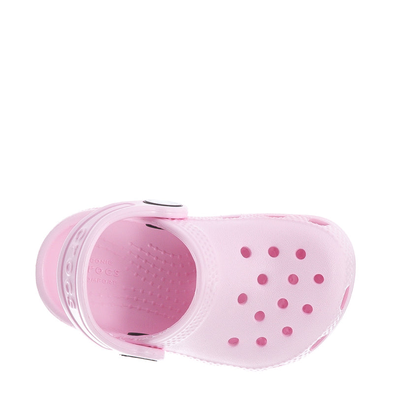 Pink toddler clog with open heel strap and bubble-dot ventilation pattern on upper
