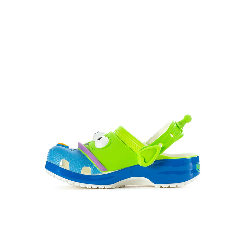 Toddler side view clog in green and blue with vented toe and back strap