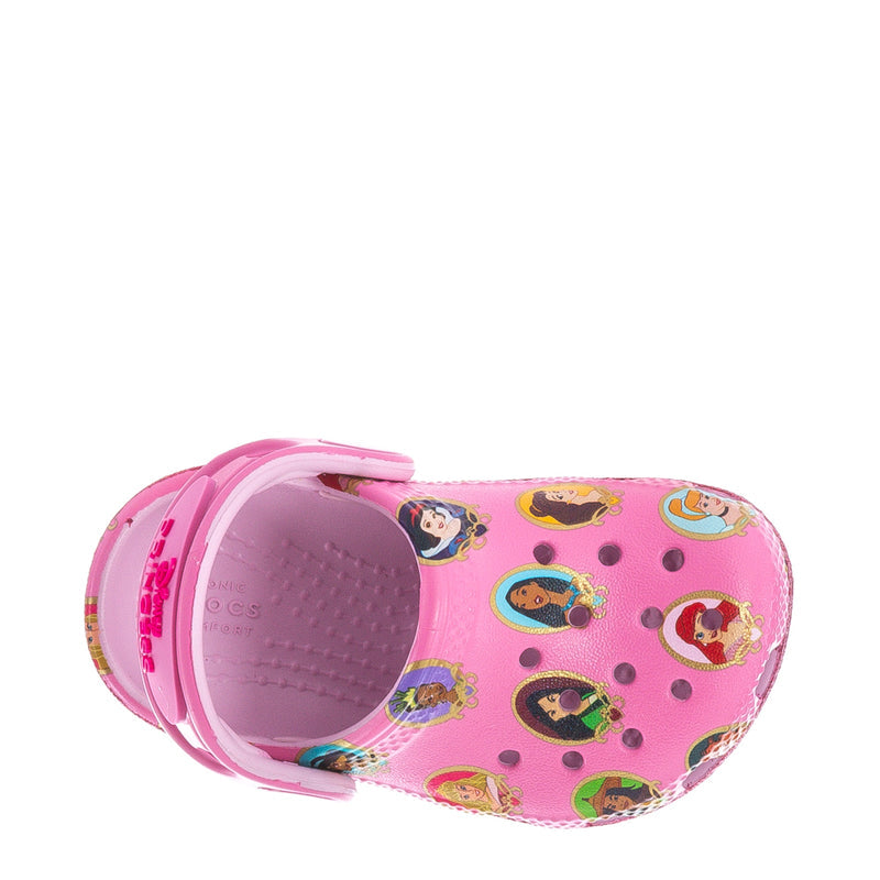 Toddler pink clog showing open back and Disney Princess patterned upper