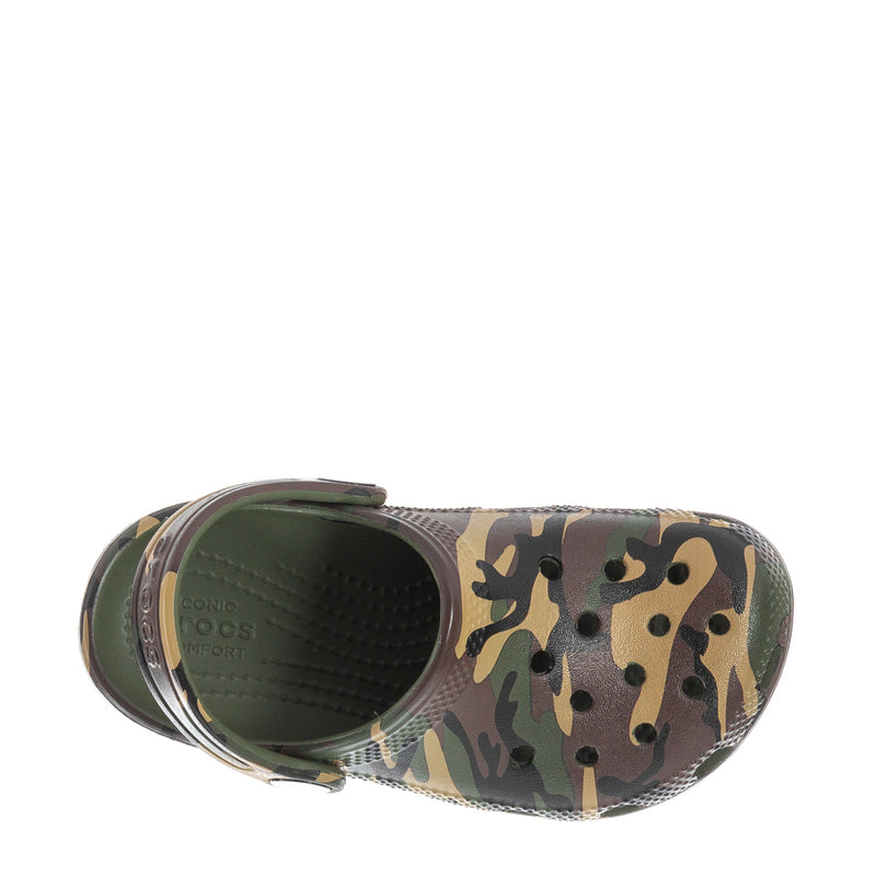 Toddler camo clog with open topline and green-lined interior; perforated upper