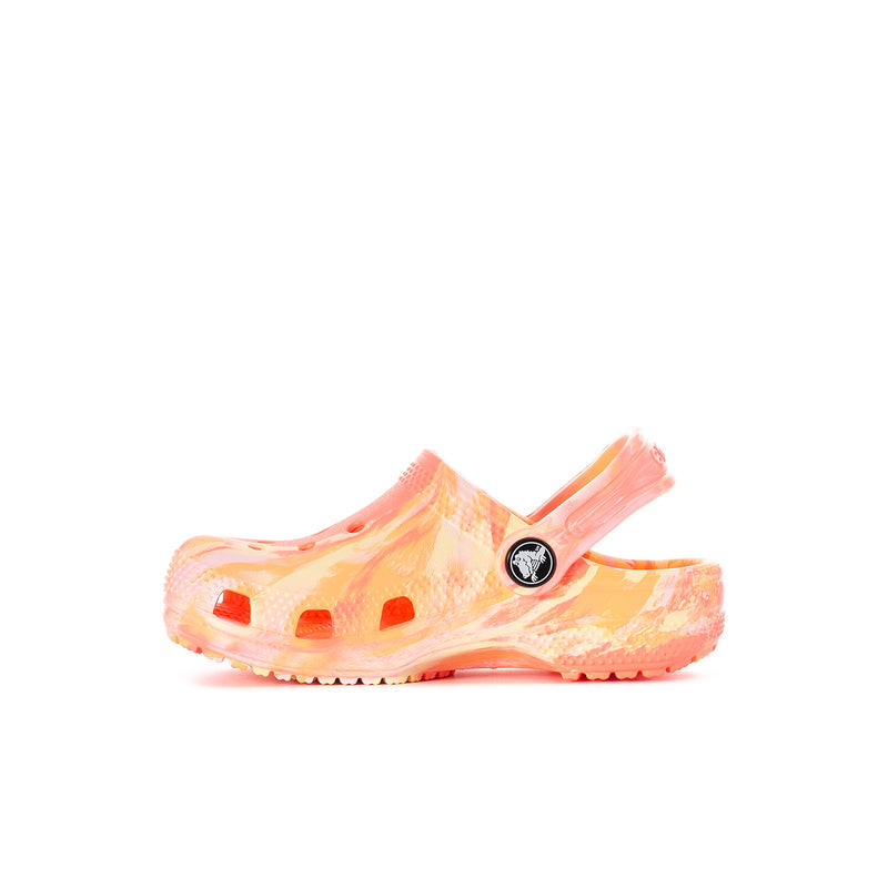 Toddler classic clog, angled side view, peach multi print with logo and cutouts