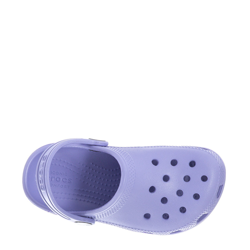 Toddler light purple clog showing open heel and cushioned footbed with ventilation holes
