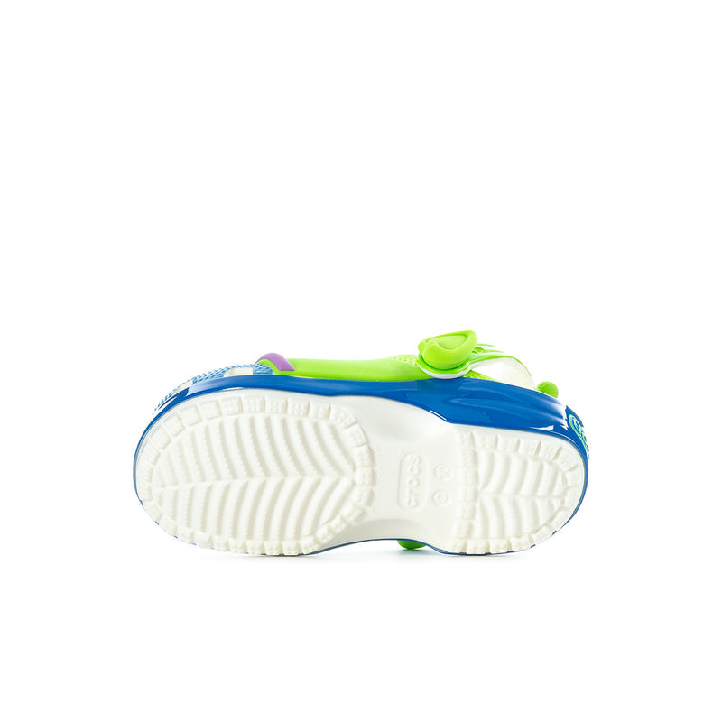 Toddler clog outsole view with striped tread on white sole