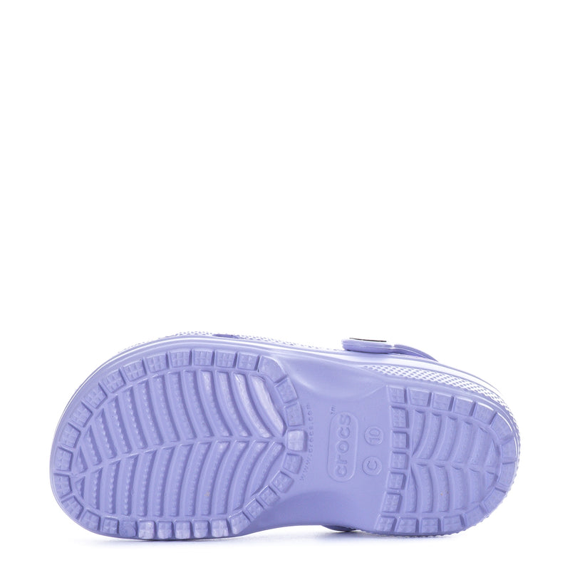 Toddler light purple clog outsole with textured tread and molded pattern
