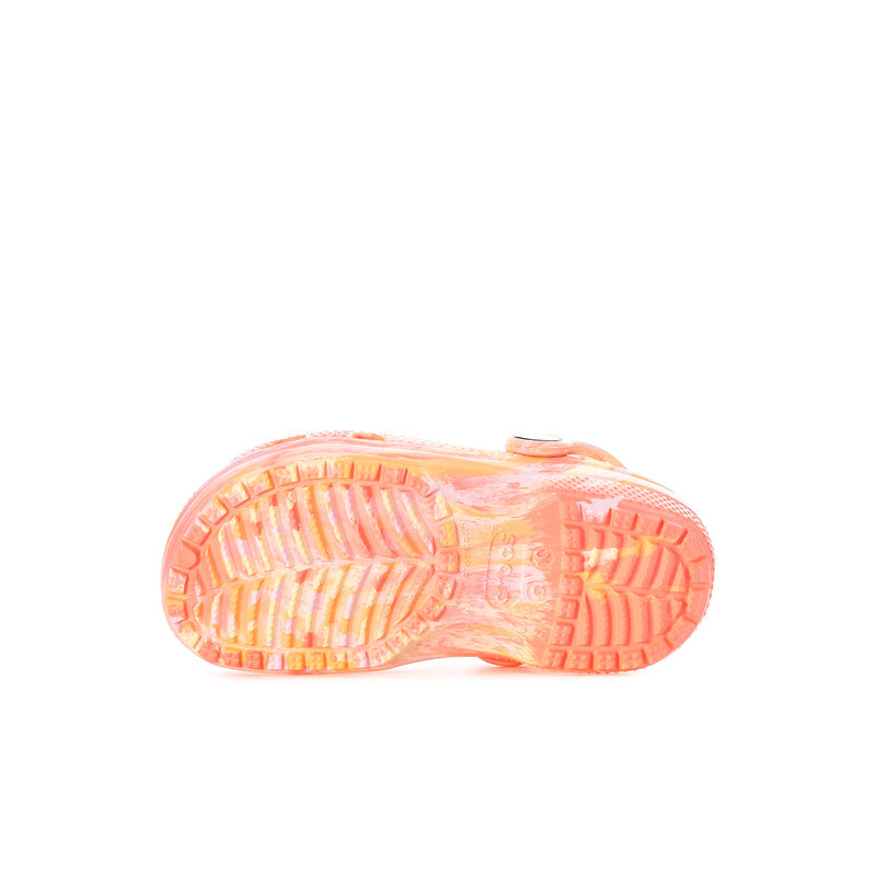 Toddler classic clog, outsole view, peach multi with textured tread and logo detail