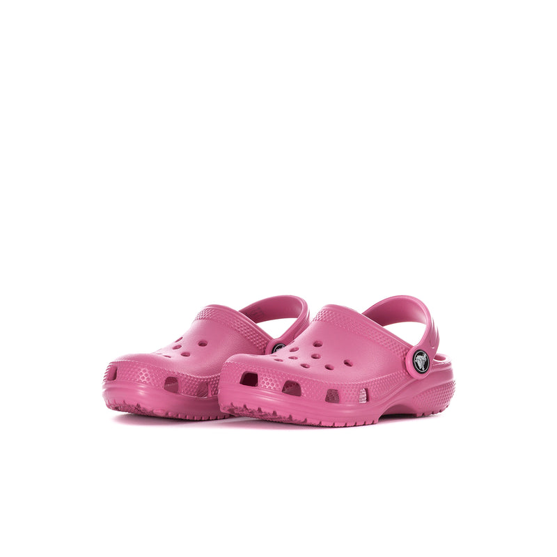 Toddler classic clog, quiet rose pink, angled side view with slingback and perforations