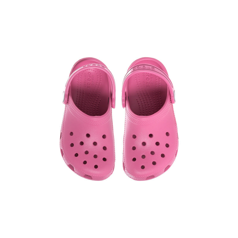 Toddler classic clog, quiet rose pink, close top view with ventilation holes and dark accents