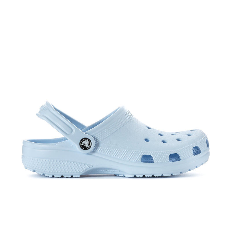 Women's blue clog with adjustable strap and perforated upper, comfort sole