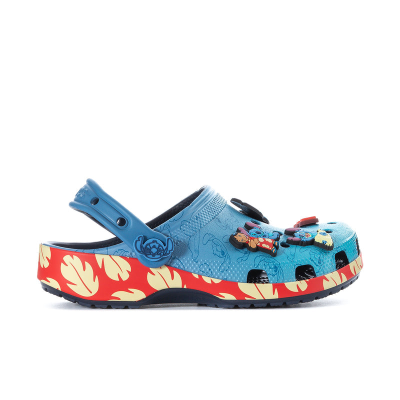 Women's blue cartoon clogs with red flame strap and character charms