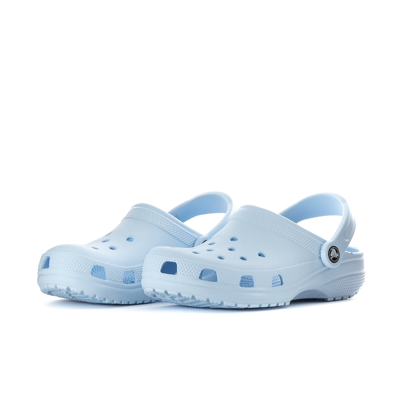Women's blue clog with back strap and perforated top, round logo detail