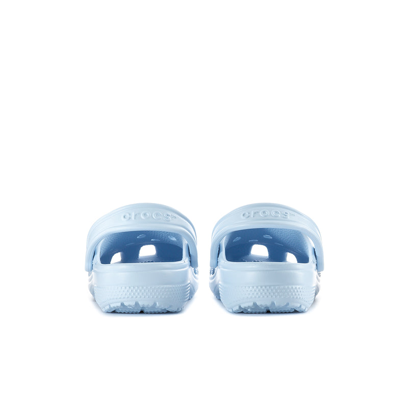 Back view of blue clogs with heel strap and textured comfort sole