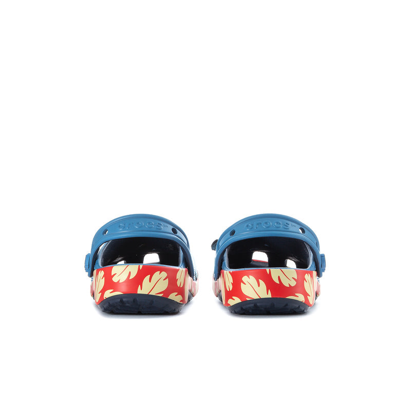 Women's blue cartoon clogs with red flame heel band and adjustable strap