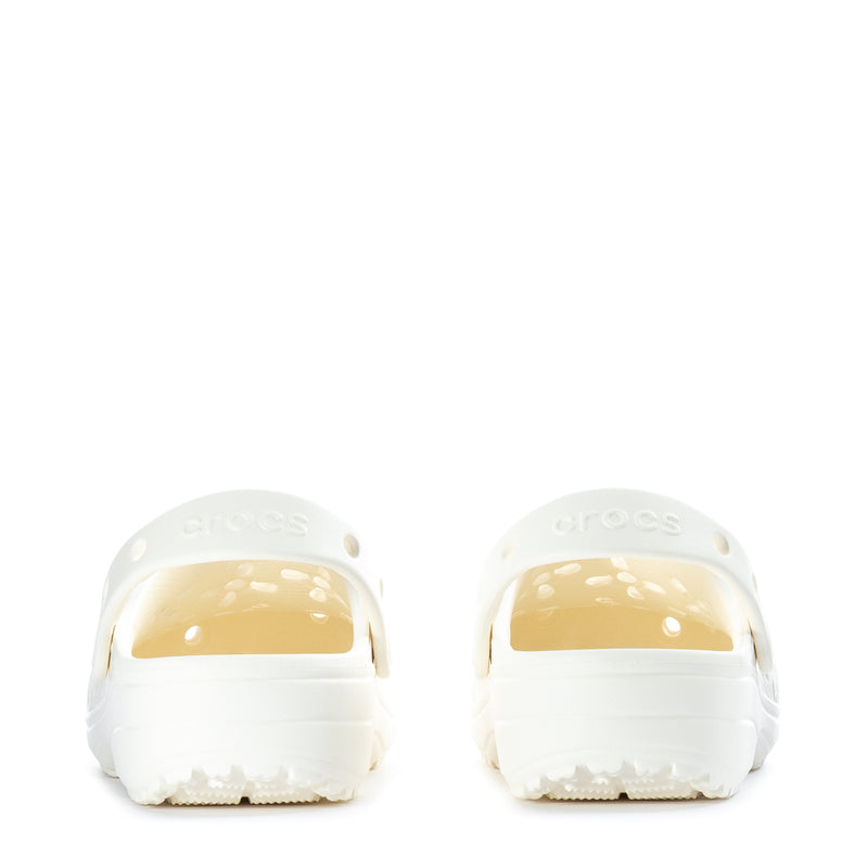 Women's clog heel view with white molded back and amber-tinted window