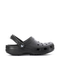 Youth black clogs with perforated upper, adjustable heel strap and circular logo buckle.