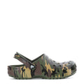 Youth camo clogs with round toe, perforations, and adjustable back strap