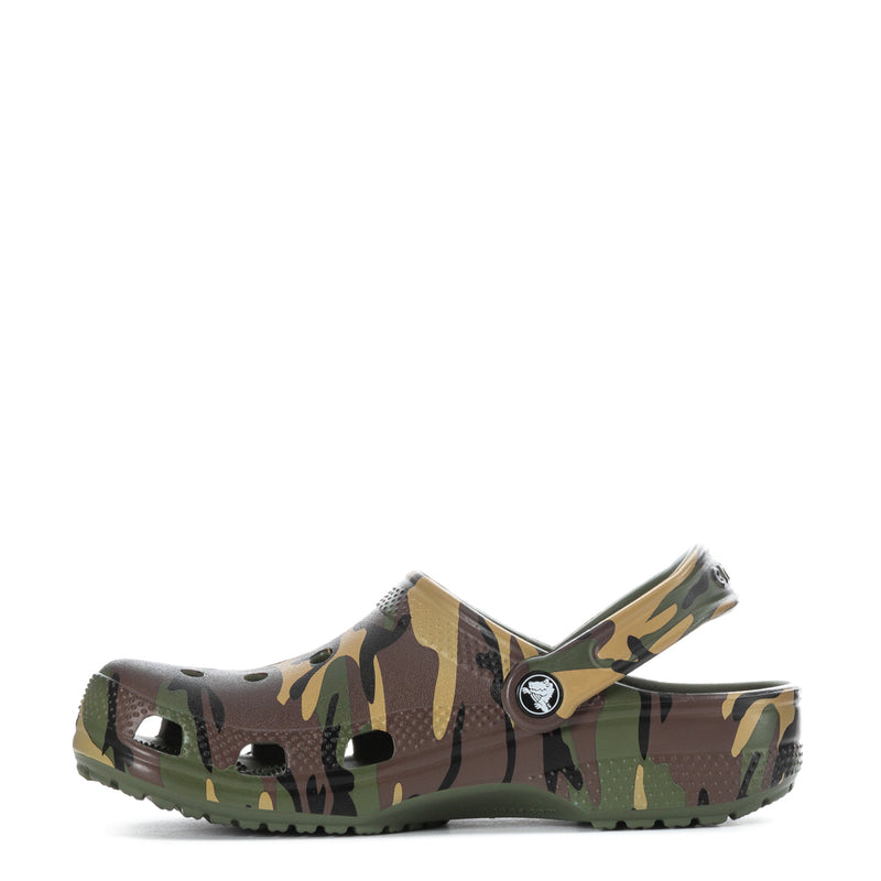 Youth camo clogs with round toe, perforated upper, and back strap; slip-on