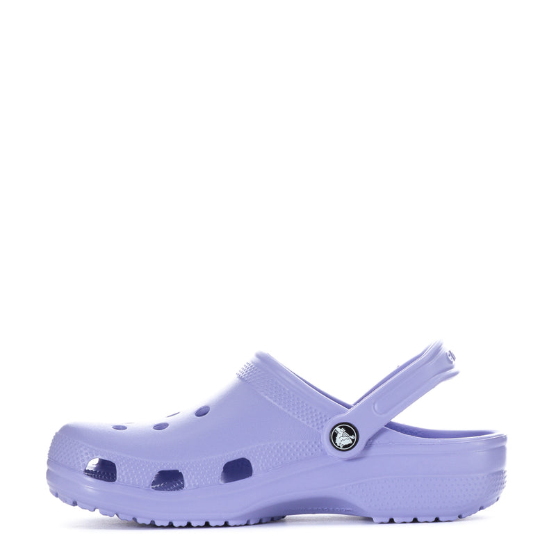Youth clog sandals, light purple, side strap with Crocs logo and vent holes.