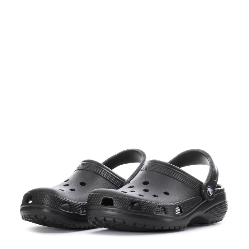 Youth black clogs, front view pair with heel strap and breathable perforation holes.