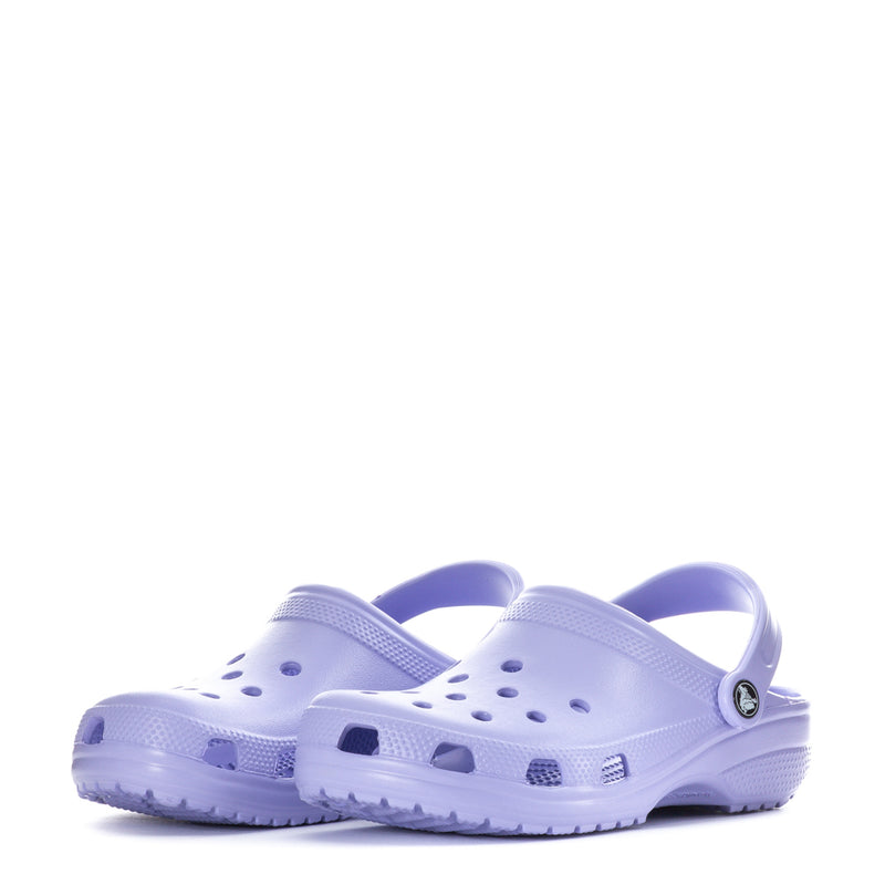 Youth clog sandals, light purple, open heel with perforation pattern and logo strap.