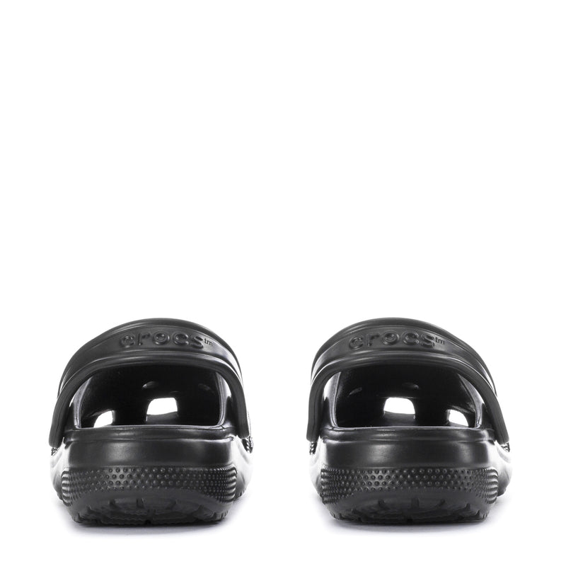 Youth black clogs, rear view showing heel strap and vented back panels.