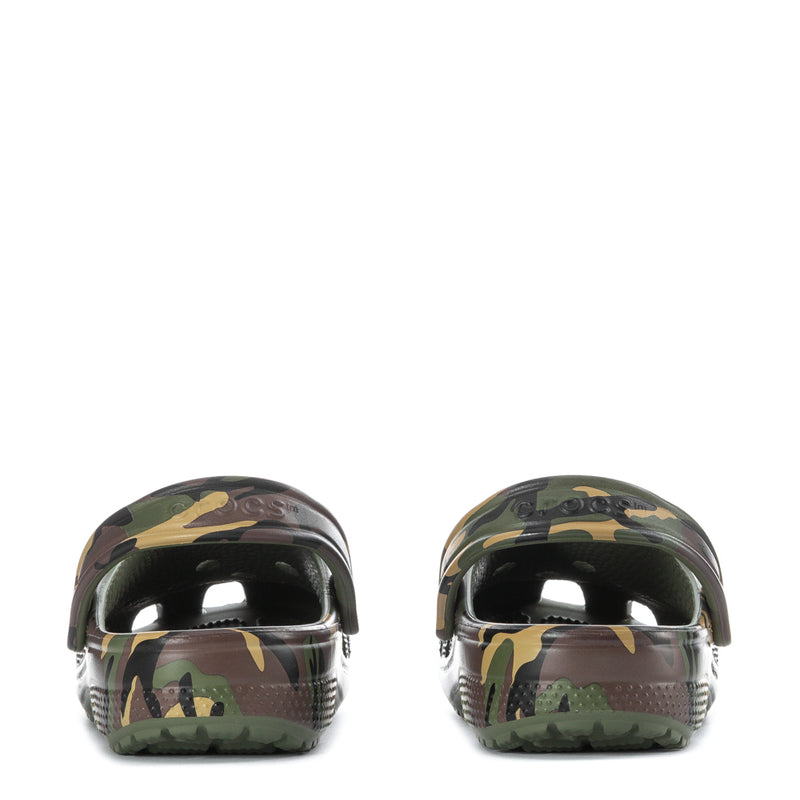 Youth camo clogs rear view with adjustable strap and circular logo
