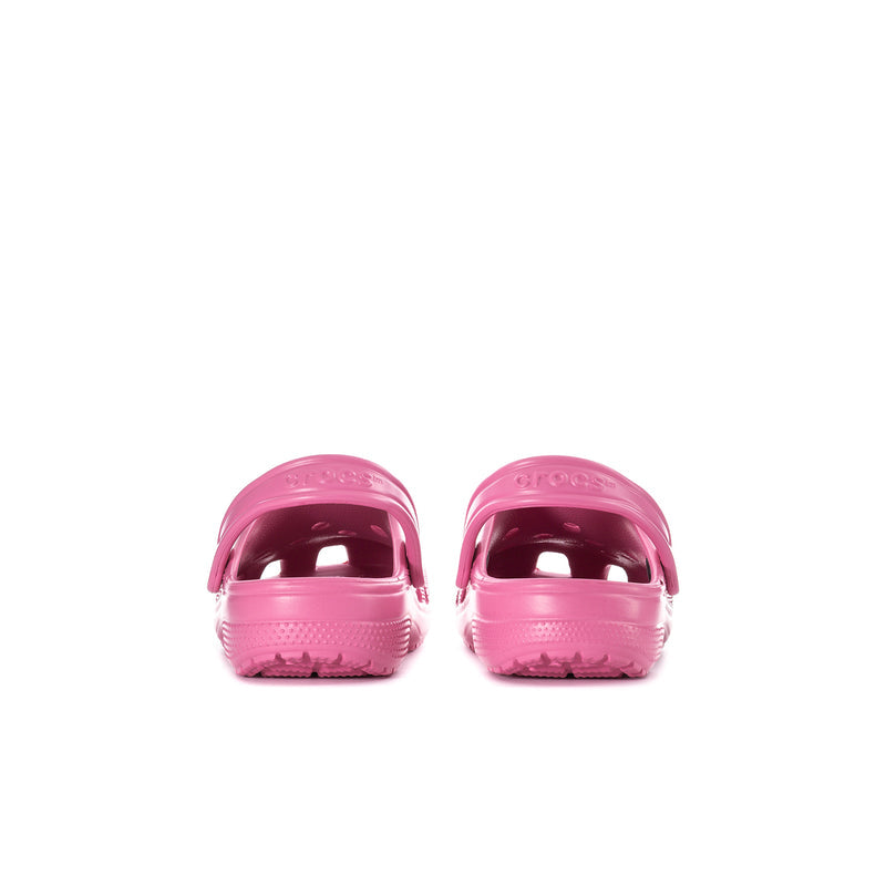 Youth pink clogs, back view with heel strap and textured traction sole