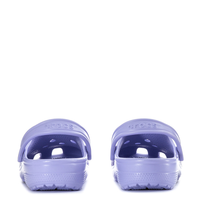 Youth clog sandals, light purple, rear view with ventilated heel openings.