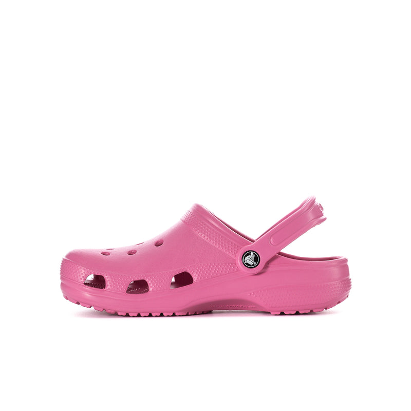 Youth pink clog, side profile with perforated upper and adjustable heel strap