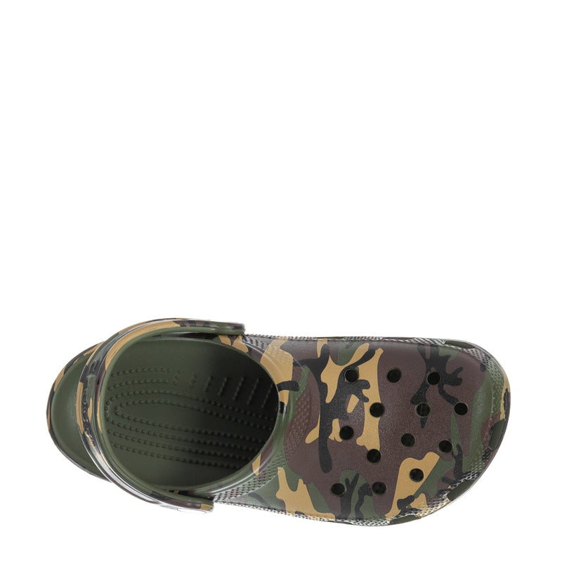 Youth camo clog with open heel, molded footbed, and perforated upper