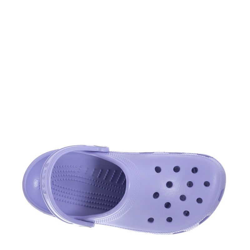 Youth clog sandals, light purple, slip-on with perforated top and textured footbed.